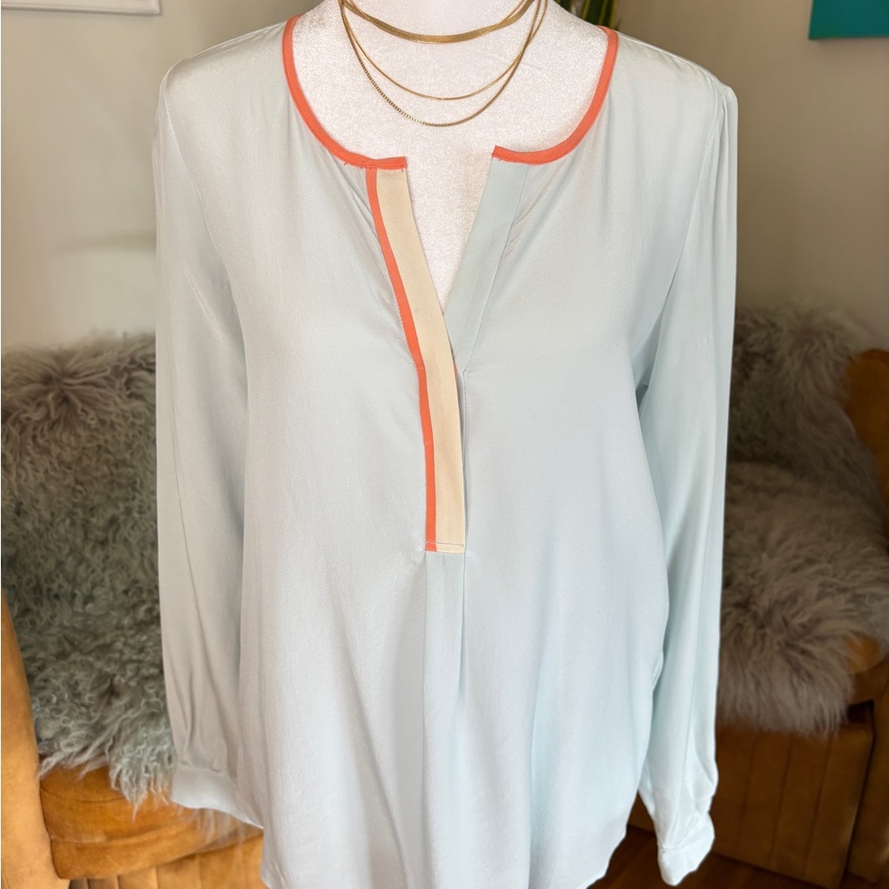 Joie Sky Blue Blouse with Coral Accents